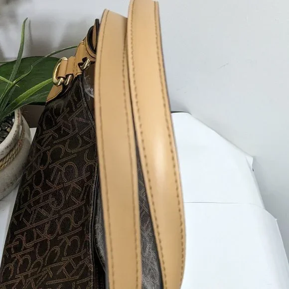 Calvin Klein Signature Tote Shoulder Bag Brown CK Monogram Print Brown Leather